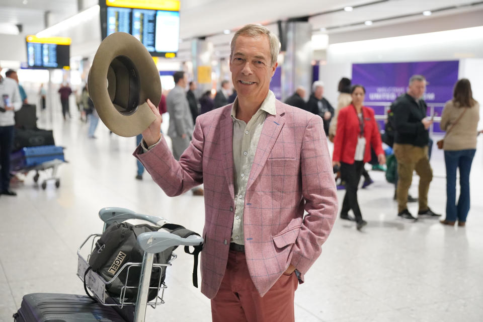 Nigel Farage arrives at Heathrow Airport in London after competing in ITV's 'I'm a Celebrity Get Me Out Of Here!' in Australia. Date taken: Wednesday, December 13, 2023. (Photo by Jonathan Brady/PA Images via Getty Images)