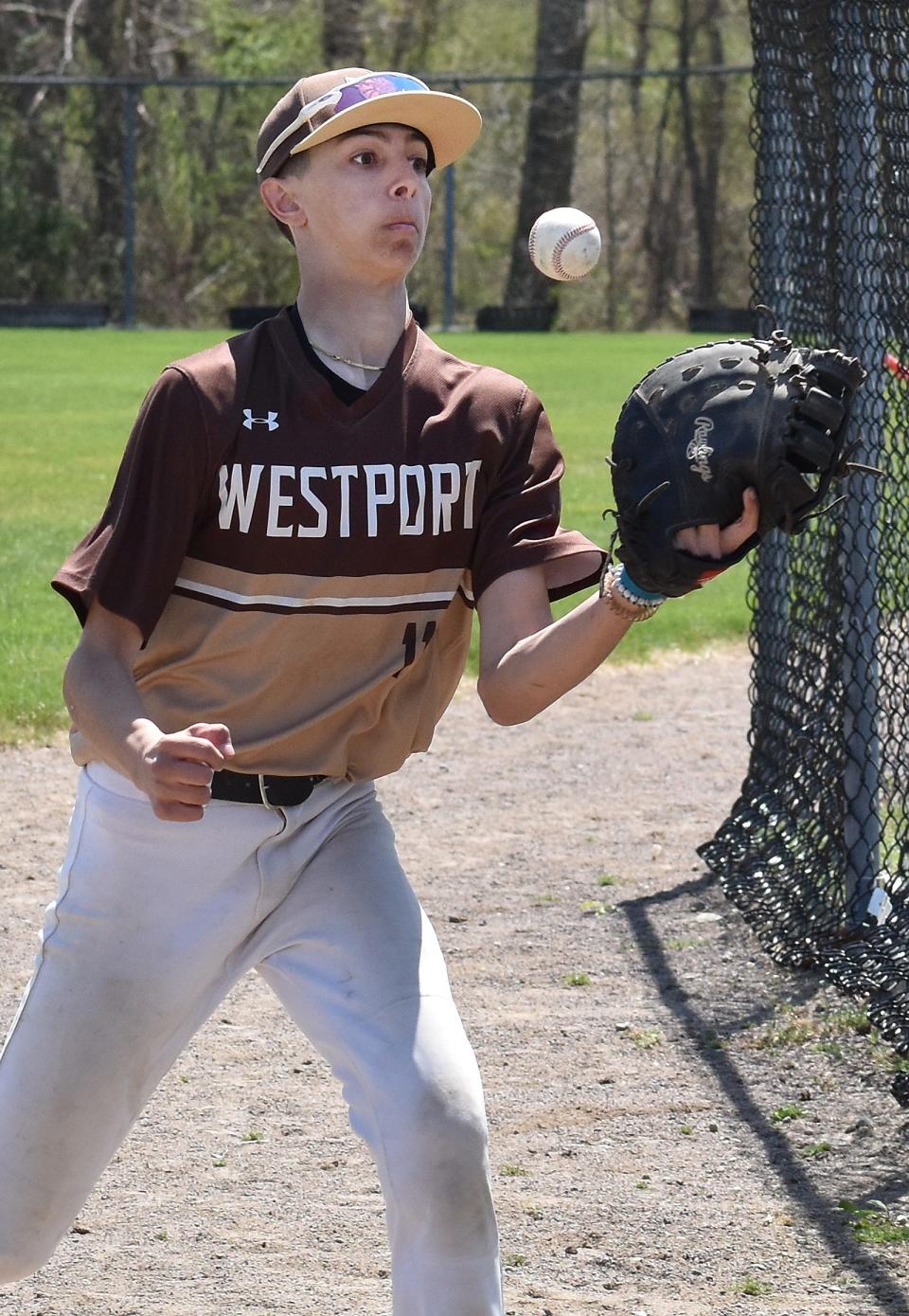 Westport's Luke Finglas corrals the foul ball popup.