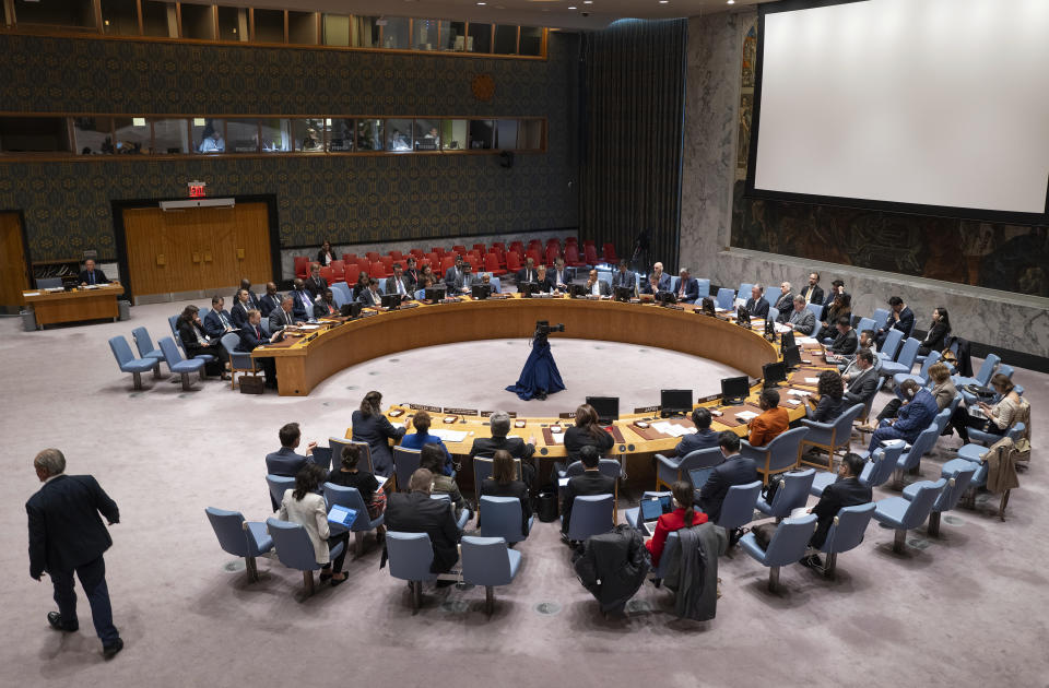 Members of U.N. Security Council meet Monday, Oct. 9, 2023, at United Nations headquarters, specifically to talk about the war in Ukraine and recent attacks by Russia. (AP Photo/Craig Ruttle)