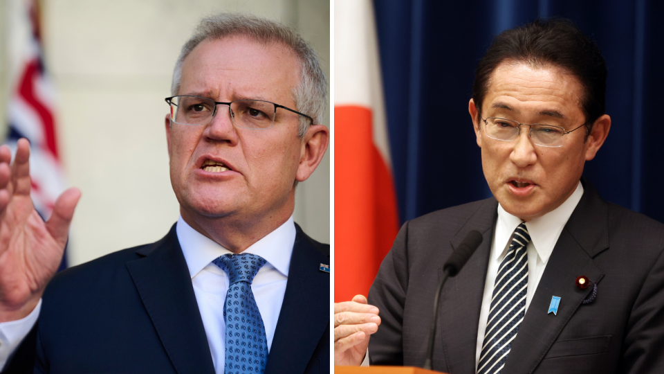 Side by side images of Australian Prime Minister Scott Morrison and Japanese Prime Minister Fumio Kishida.