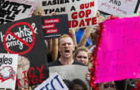 <p>Protesters rally against gun violence on the steps of the old Florida Capitol in Tallahassee, Fla., Wednesday, Feb 21, 2018. (Photo: Mark Wallheiser/AP) </p>