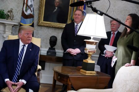 U.S. President Trump speaks during Oval Office meeting at the White House in Washington