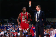 Michael Jordan with Bulls coach Doug Collins, who coached Chicago from 1986 to 1989. During these three seasons, Jordan averaged 37, 35 and 32 points per game. (Getty Images)