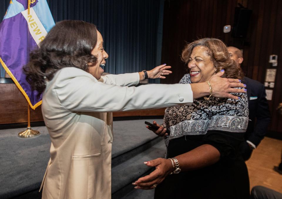 Yadira Ramos-Herbert, left, is greeted by Mount Vernon Mayor Mayor Shawyn Patterson-Howard after being sworn in as the Mayor of New Rochelle during a ceremony at city hall Jan. 1, 2024. Members of the city council also took the oath of office during the ceremony.