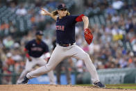 Boston Red Sox pitcher Garrett Richards throws against the Detroit Tigers in the third inning of a baseball game in Detroit, Tuesday, Aug. 3, 2021. (AP Photo/Paul Sancya)