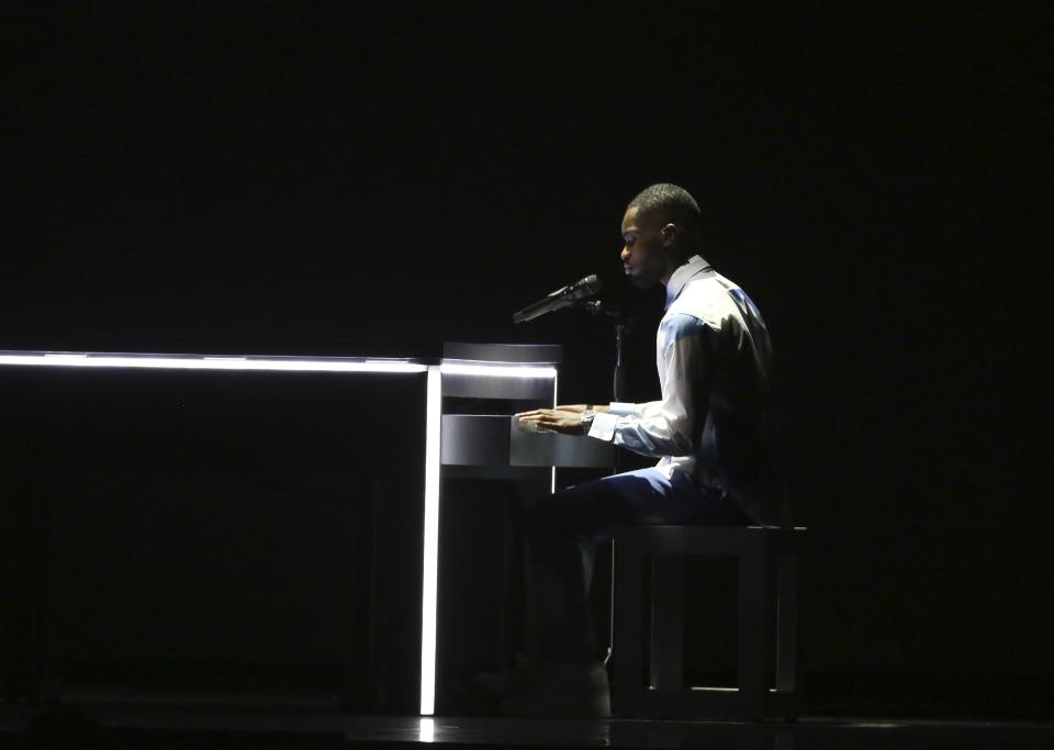 Dave performs on stage on stage at the Brit Awards 2020 in London, Tuesday, Feb. 18, 2020. (Photo by Joel C Ryan/Invision/AP)