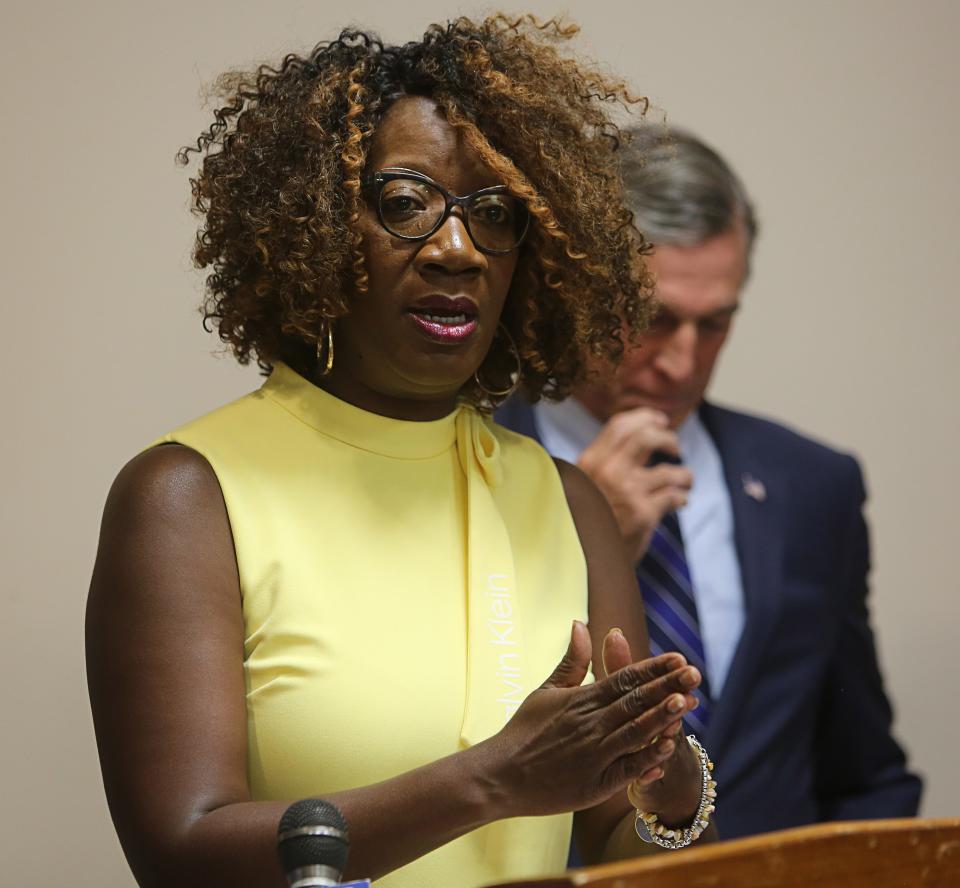 Delaware Representative Kendra Johnson speaks during a bill signing ceremony on August 7, 2023.