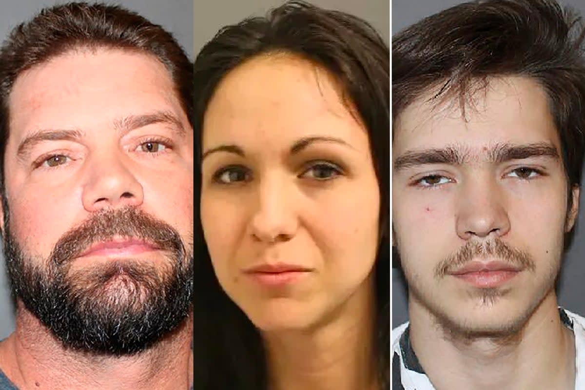 Republican Rep. Lauren Boebert, centre, is pictured in a mugshot from Colorado authorities, as are her ex-husband, Jayson, left, and 18-year-old son, Tyler, right – all in separate incidents, the most recent being the teen’s arrest this week  (AP/Getty/Garfield County Sheriff’s Office)