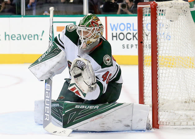 DALLAS, TX - APRIL 16: Devan Dubnyk #40 of the Minnesota Wild stops the puck against the Dallas Stars in the first period in Game Two of the Western Conference Quarterfinals during the 2016 NHL Stanley Cup Playoffs at American Airlines Center on April 16, 2016 in Dallas, Texas. (Photo by Tom Pennington/Getty Images)