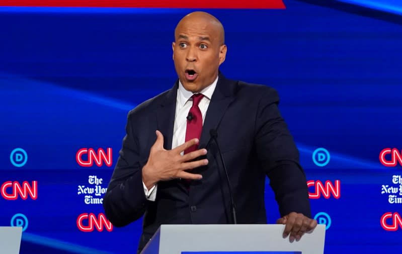 FILE PHOTO: Democratic presidential candidate Senator Cory Booker speaks during the fourth U.S. Democratic presidential candidates 2020 election debate at Otterbein University in Westerville, Ohio U.S.