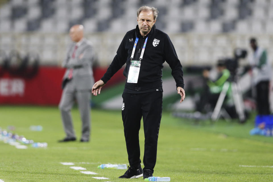 Thailand’s head coach Milovan Rajevac reacts during the Asian Cup match between Thailand and India. (PHOTO: AP/Kamran Jebreili)