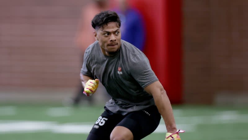 Utah’s Sione Vaki  participates in the annual pro day at the University of Utah in Salt Lake City on Thursday, March 21, 2024.