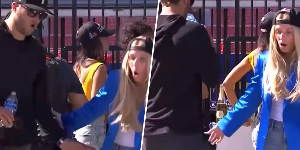 In footage of the incident, Kelly Stafford is seen reacting with shock to the photographer's fall while Matthew Stafford appears to turn and walk away. (TODAY)