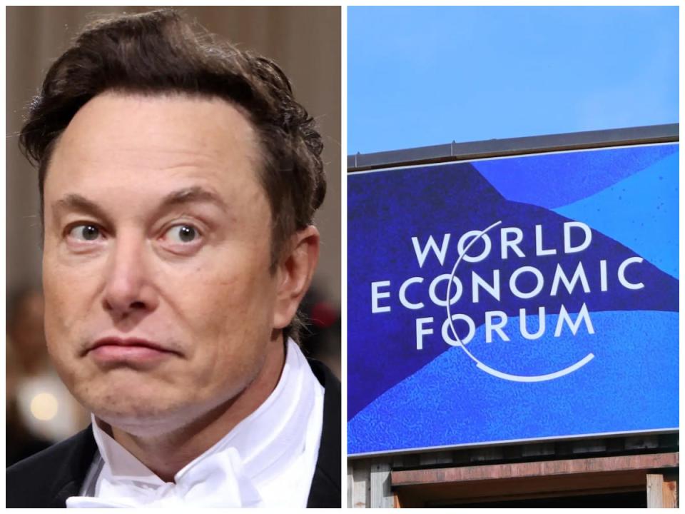 side-by-side of Elon Musk at the Met Gala and a blue sign of the World Economic Forum in Davos