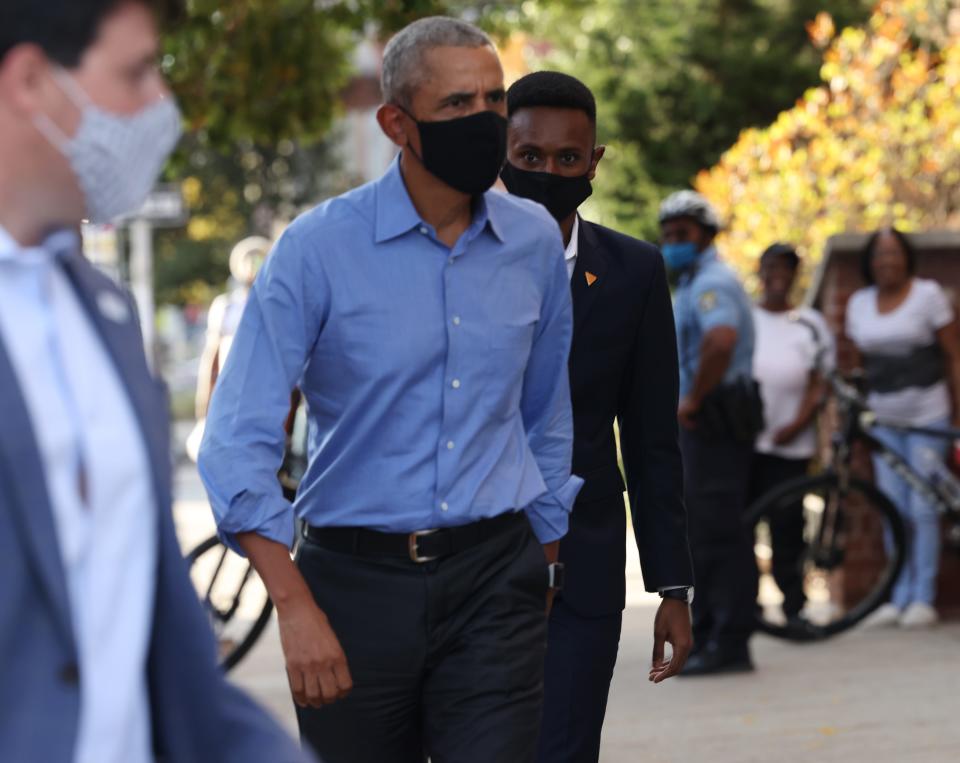 Former President Barack Obama campaigns for Democratic nominee and former Vice President Joseph Biden at a community event on Oct. 21, 2020 in Philadelphia.