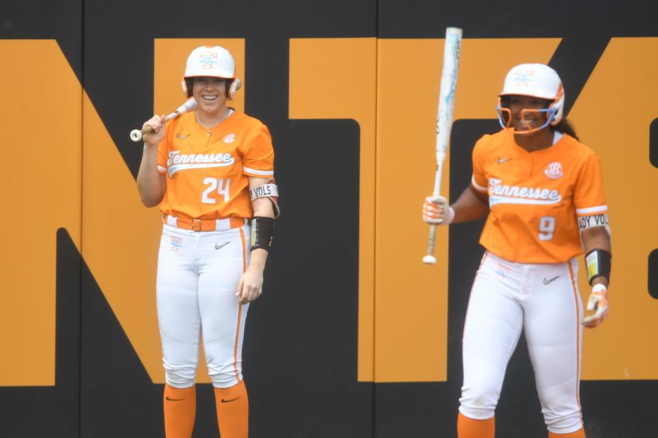 Tennessee infielder McKenna Gibson (24) and Tennessee outfielder Kiki Milloy (9) during a Tennessee softball game between Tennessee and LSU, Saturday, April 20, 2024. LSU beat Tennessee 1-0.