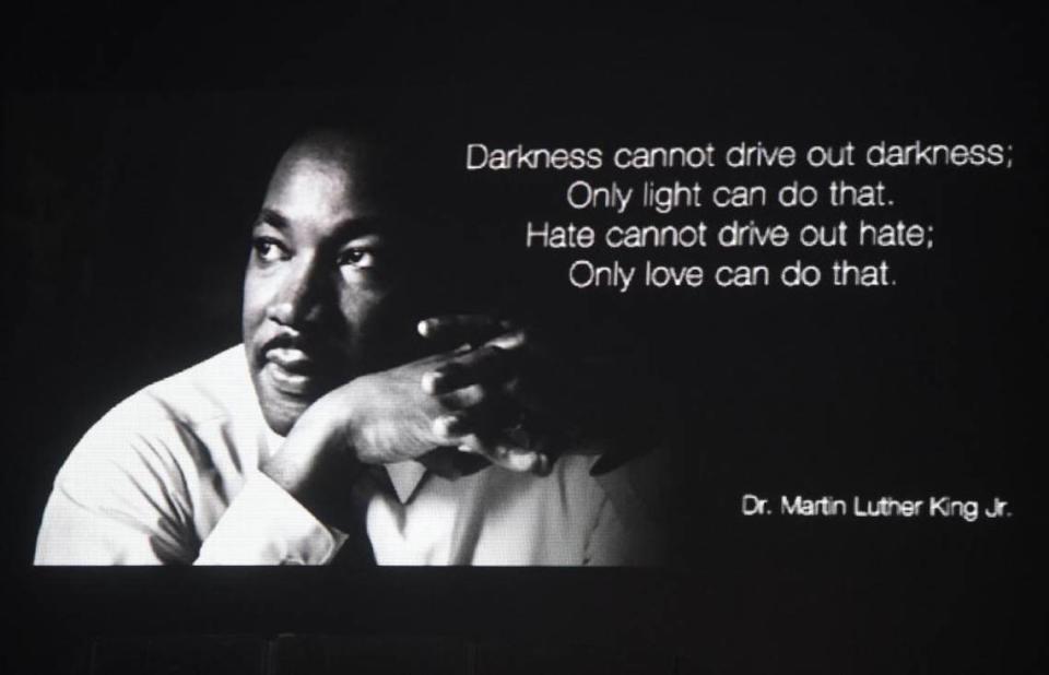 A quote and a picture is projected on a screen Monday morning January 15, 2018 during the Dr. Martin Luther King Remembrance Service at Westside Ministries in Turlock, Calif.
