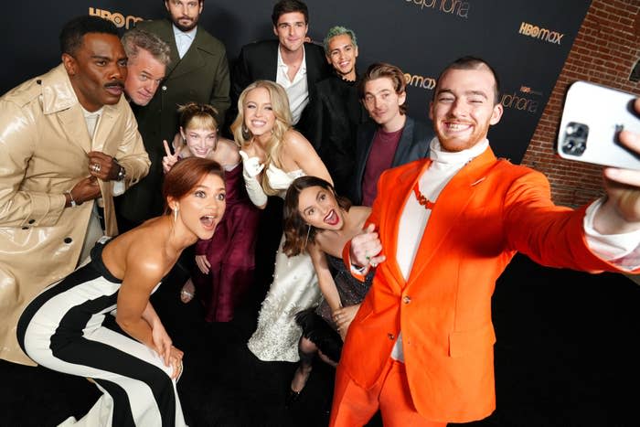 Angus Cloud taking a selfie with the cast of "Euphoria"