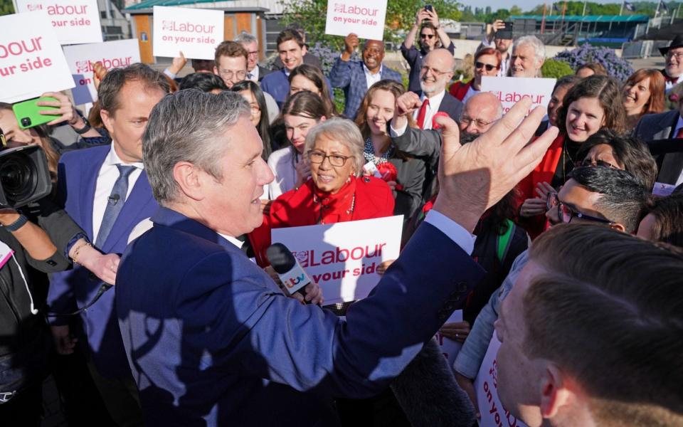 Keir Starmer speaks to supporters outside StoneX Stadium in Barnet, London - Jonathan Brady/PA