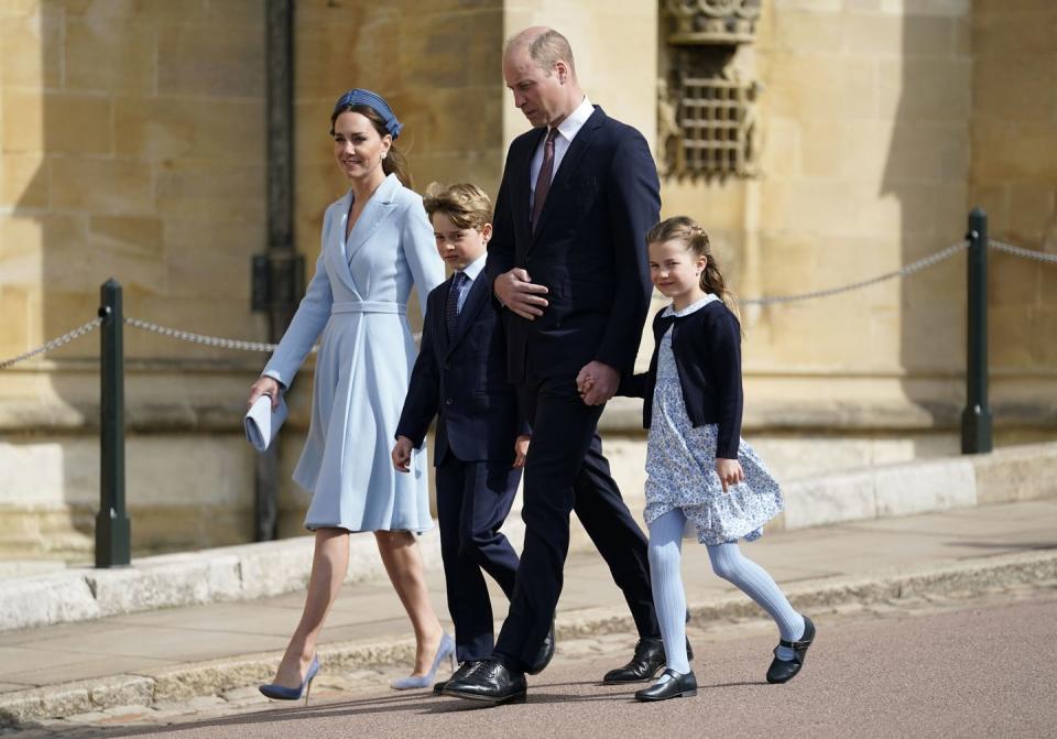 <p>The majority of the British royal family attended Easter Sunday services at Windsor Castle. Prince William, Kate, Duchess of Cambridge, Prince George, and Princess Charlotte all coordinated their Easter outfits in varying shades of blue.</p><p> <a class="link " href="https://www.townandcountrymag.com/society/tradition/g39744354/royal-family-prince-george-princess-charlotte-easter-2022-photos/" rel="nofollow noopener" target="_blank" data-ylk="slk:The Best Photos of the Royal Family at Easter Sunday;elm:context_link;itc:0;sec:content-canvas">The Best Photos of the Royal Family at Easter Sunday</a></p>