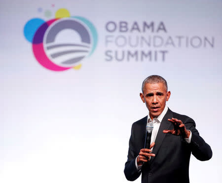 Former U.S. President Barack Obama speaks during the first day of the Obama Foundation Summit in Chicago, Illinois, U.S. October 31, 2017. REUTERS/Kamil Krzaczynski