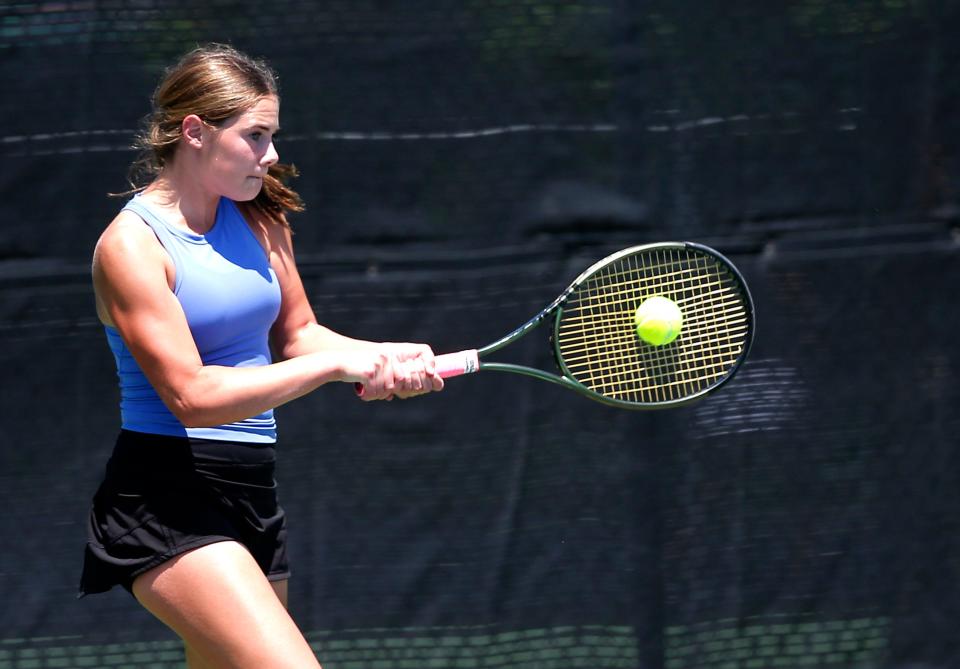 Oklahoma Christian's Audrey Crooks returns a hit to Regent Prep during the high school state girls tennis tournament at the OKC Tennis Center in Oklahoma City, Friday, May, 5, 2023. 