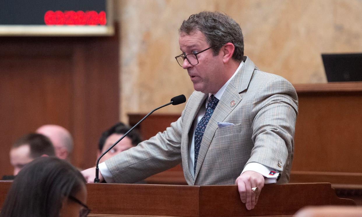 Rep. Fred Shanks, R-Brandon, addresses the House of Representatives at the Mississippi State Capitol in Jackson on Tuesday, March 26, 2024. Of the many bills that passed through the Legislature, items such as ballot initiatives, Medicaid expansion and expanding voting rights never passed.