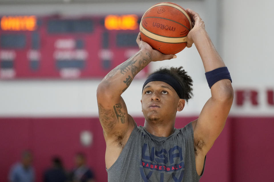 Paolo Banchero of the Orlando Magic shoots during training camp for the United States men's basketball team Thursday, Aug. 3, 2023, in Las Vegas. (AP Photo/John Locher)