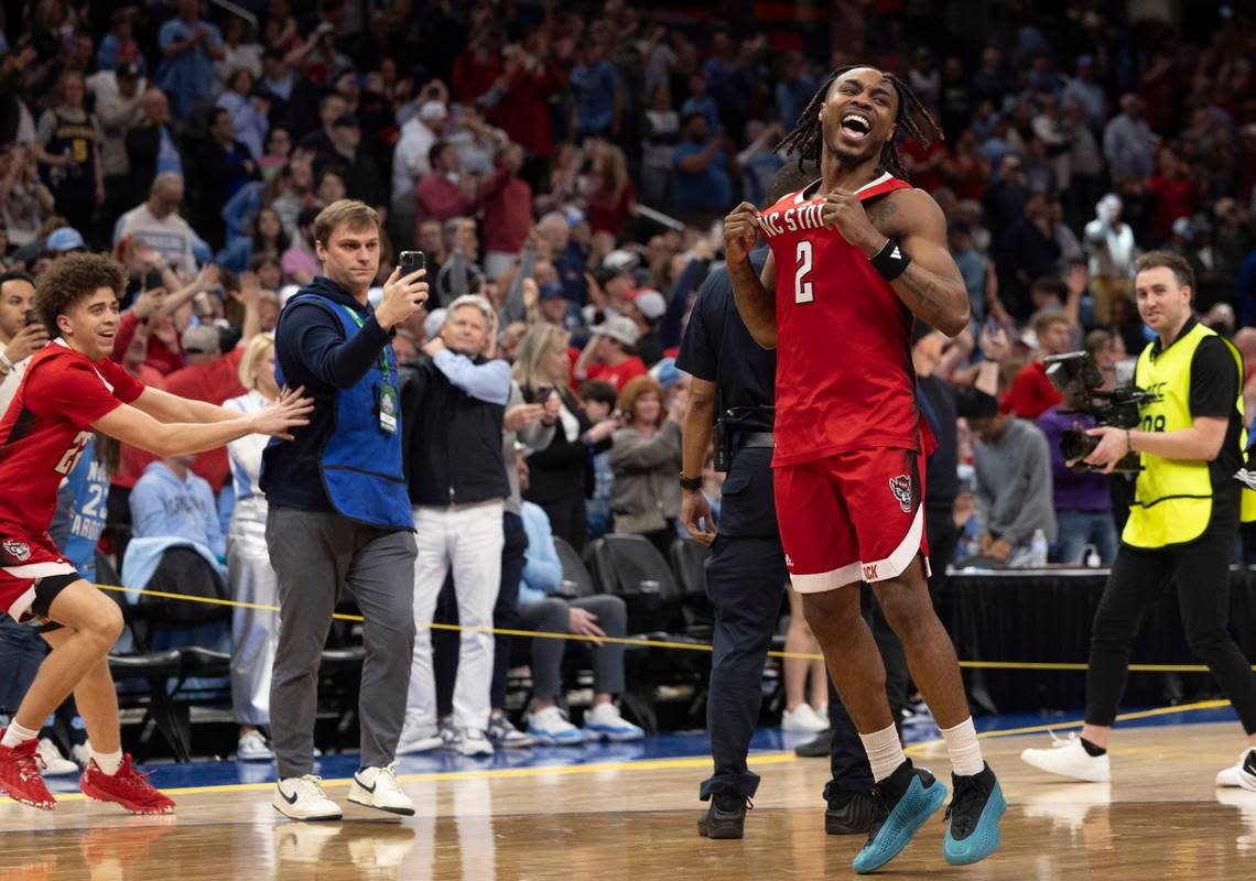 N.C. State’s Kam Woods (2) celebrates as the Wolfpack defeats North Carolina 84-76 to clinch the ACC Tournament Championship at Capitol One Arena on Saturday, March 16, 2024 in Washington, D.C.