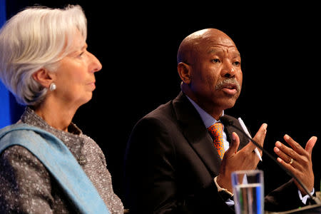 IMF Managing Director Christine Lagarde and IMFC Chair and South African Reserve Bank Governor Lesetja Kganyago hold a news conference at the IMF and World Bank's 2019 Annual Spring Meetings, in Washington, U.S. April 13, 2019. REUTERS/James Lawler Duggan