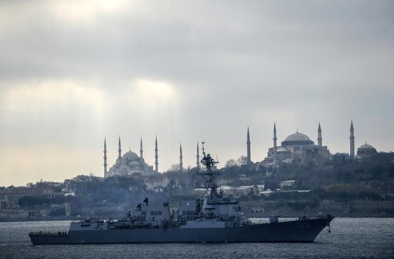 Picture taken on March 7, 2014, shows the guided-missile destroyer USS Truxtun passing the Bosphorus Strait in Istanbul