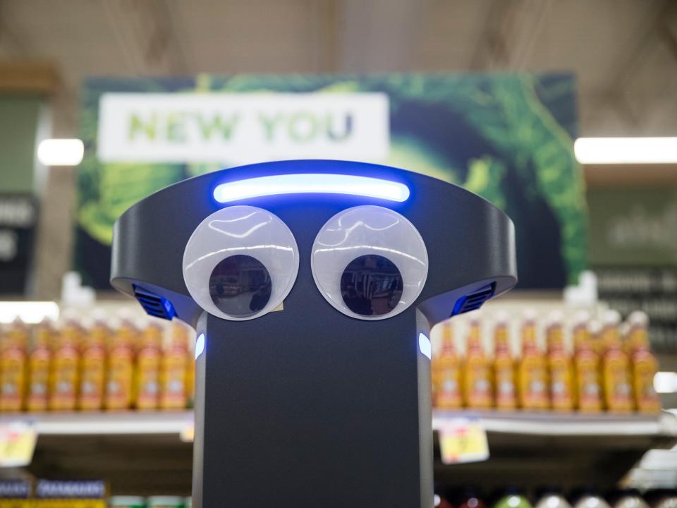 Close up of the eyes on Marty the grocery robot