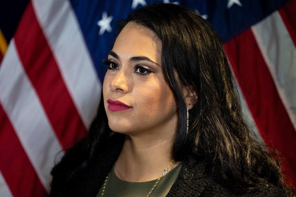 <p>Bill Clark/CQ-Roll Call, Inc via Getty</p> Congressional candidate from Texas Mayra Flores participates in the news conference to announce the formation of the Hispanic Leadership Trust at the Republican National Committee headquarters in Washington on Tuesday, May 17, 2022.