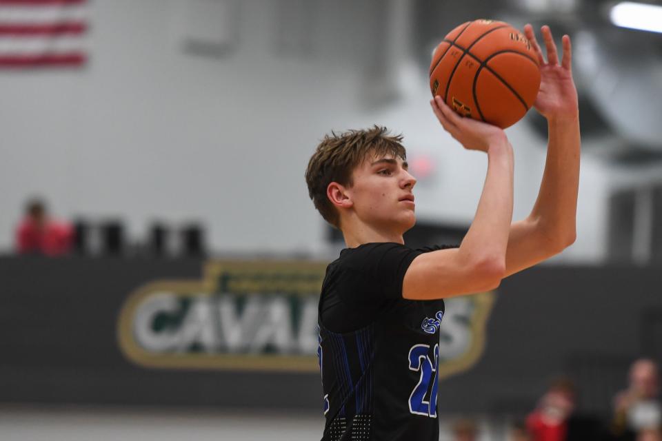 Sioux Falls Christian’s forward Griffen Goodbary (22) shoots the ball before the second half of the game on Friday, Feb. 2, 2024 at Jefferson High School in Sioux Falls.