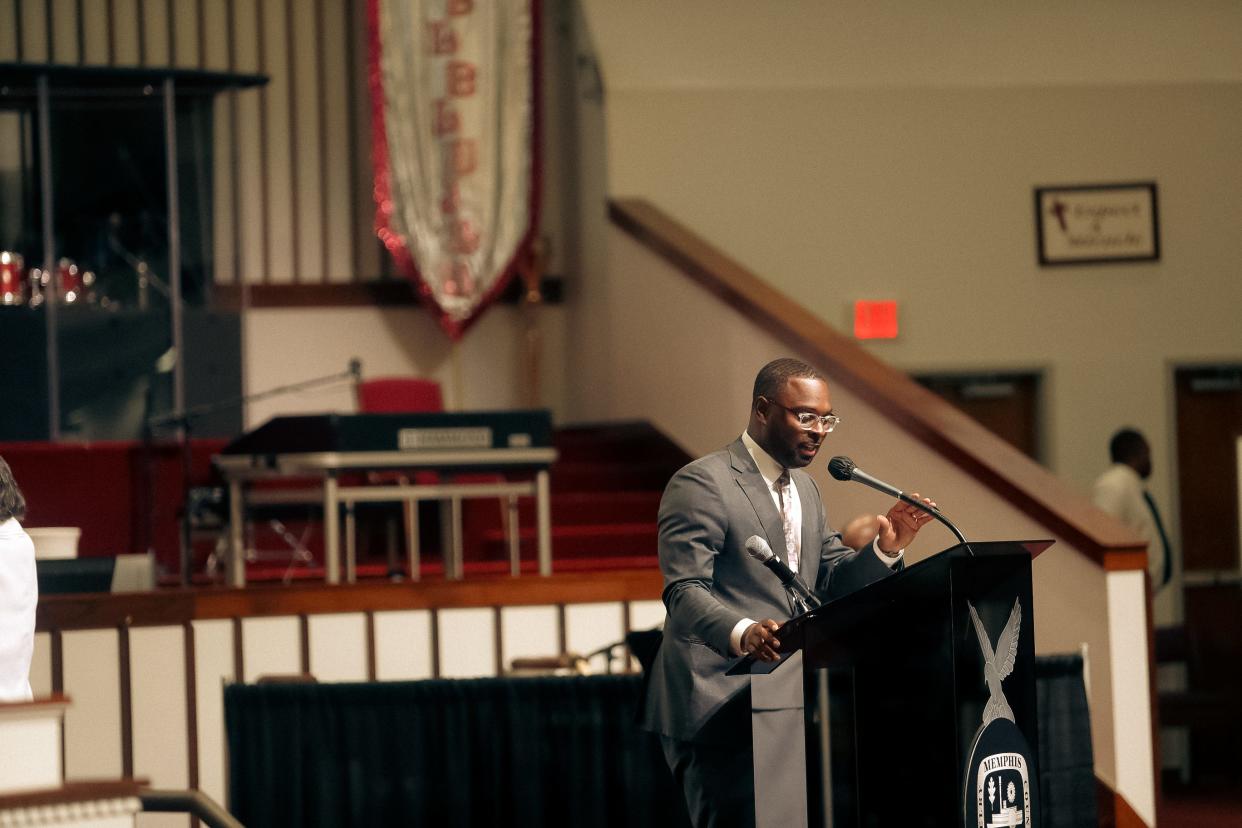 Mayor Paul Young speaks about all the progress his administration has made within their first 100 days on Tuesday, April 16, 2024 at Mount Vernon Baptist Church in Memphis, Tenn.