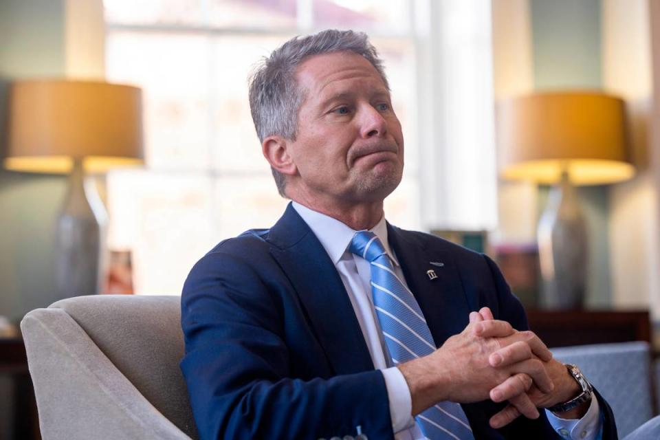 Kevin Guskiewicz reflects on his time as the chancellor of UNC-Chapel Hill during an interview with The News & Observer on Wednesday, Jan.10, 2024. Guskiewicz will leave the university Friday to become the president of Michigan State University. Travis Long/tlong@newsobserver.com