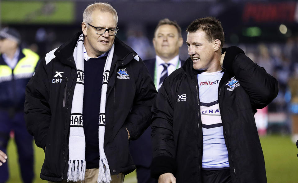 Scott Morrison with Paul Gallen after a Cronulla Sharks game in 2019.