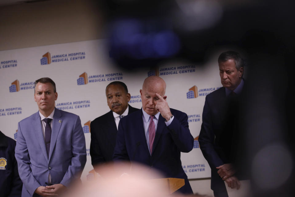 Commissioner James O'Neill speaks during a press conference at Jamaica Hospital Medical Center Tuesday, Feb. 12, 2019, in the Queens borough of New York. A NYPD detective and a NYPD sergeant were shot while responding to an armed robbery at a T-Mobile store in Queens. (AP Photo/Kevin Hagen).