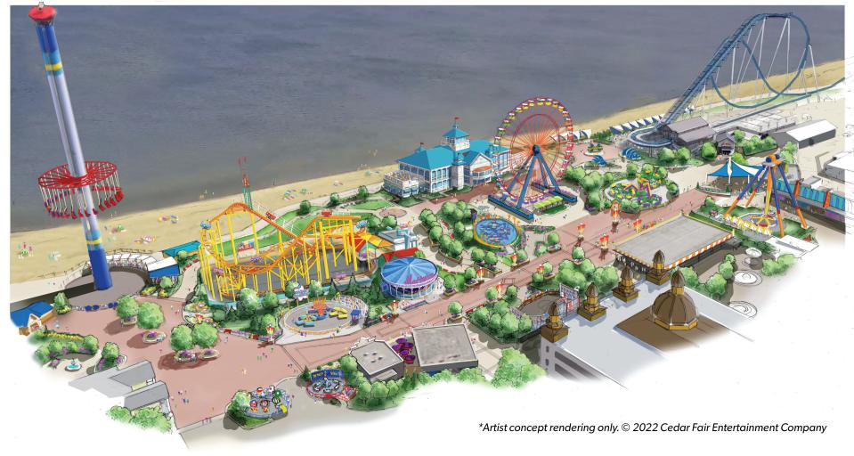 An aerial rendering of Cedar Point's new lakeside experience "The Boardwalk" which is expected to debut May 2023.
