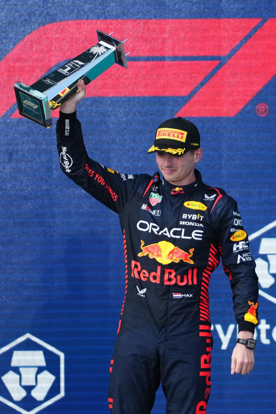 Red Bull driver Max Verstappen (1) of the Netherlands celebrates after winning Sunday's Miami Grand Prix at Miami International Autodrome.