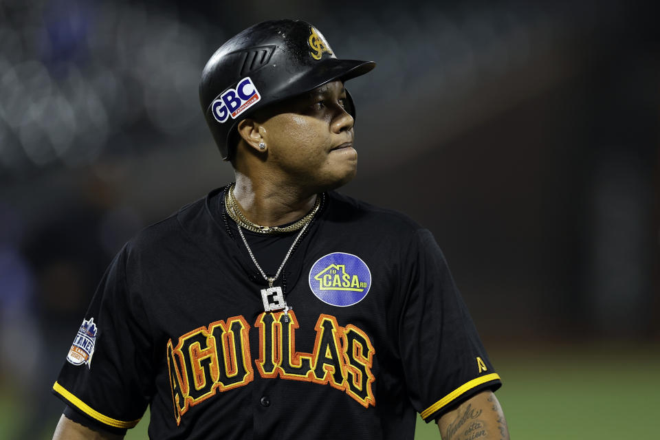 Águilas Cibaeñas' Starlin Castro reacts after flying out against Los Tigres del Licey during the first inning of a Dominican Winter League baseball game Friday, Nov. 10, 2023, in New York. (AP Photo/Adam Hunger)