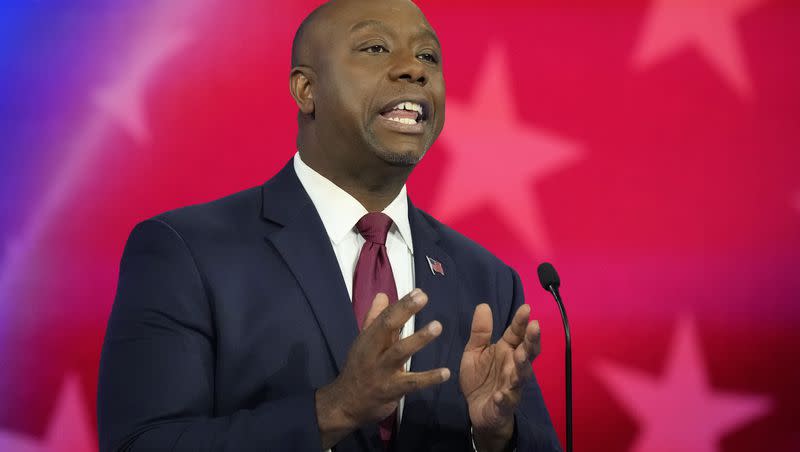 Republican presidential candidate Sen. Tim Scott, R-S.C., speaks during a Republican presidential primary debate hosted by NBC News, Wednesday, Nov. 8, 2023, at the Adrienne Arsht Center for the Performing Arts of Miami-Dade County in Miami.