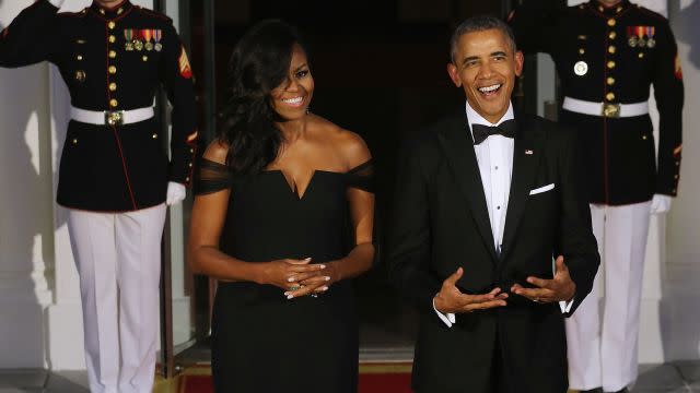 All eyes were on Michelle Obama when she arrived at the China State Dinner held Friday at the White House in Washington, D.C. The First Lady looked effortlessly posh, donning an off-the-shoulder black silk crepe mermaid gown by designer Vera Wang, as she welcomed China's president, Xi Jinping, as the evening's guest of honor. <strong> WATCH: Pope Francis' First Visit to U.S. Has Celebrities Freaking Out</strong> The beautiful custom gown features an architectural V-neckline and tulle sleeves, accented by a hand-draped silk textural organza pleated skirt. Getty Images Obama took to social media to share a photo from inside the dinner party, and, of course, that dress. "First glance at tonight's China State Dinner," the 51-year-old tweeted. First glance at tonight's China State Dinner. pic.twitter.com/8JSkABvvdX— The First Lady (@FLOTUS) September 25, 2015 There were over 200 guests in attendance, including <em>Empire</em> co-creator Lee Daniels, political scientist Henry Kissinger, ballet dancer Misty Copeland, Apple CEO Tim Cook, Facebook creator Mark Zuckerberg and entertainment industry executives, including Disney CEO Bob Iger and DreamWorks Animation CEO Jeffrey Katzenberg. Before guests arrived, Obama teased a few other sneak peeks of the event. "Crossing the t's and dotting the i's for tonight's China State Dinner," she shared on Twitter. Crossing the t's and dotting the i's for tonight's China State Dinner. http://t.co/CZDygYZzdq pic.twitter.com/zdQG1pi8m0— The First Lady (@FLOTUS) September 25, 2015 <strong> PHOTOS: Michelle Obama: First Lady of Fashion</strong> "Farm to table happens right here at the @WhiteHouse! Tonight's State Dinner includes peppers from the Kitchen Garden," another tweet read. Farm to table happens right here at the @WhiteHouse! Tonight’s State Dinner includes peppers from the Kitchen Garden. pic.twitter.com/lV2sGWU8Q9— The First Lady (@FLOTUS) September 25, 2015 Ahead of the dinner, President Barack Obama and the first lady greeted Xi and his wife with a 21-gun salute on the South Lawn and a red carpet ceremony. Following photos, Barack and Michelle shared a sweet moment, which was captured on video. "May I just say, you look stunning," POTUS says to his wife. President Obama to @flotus: "May I just say, you look stunning." ������ #ChinaStateDinner pic.twitter.com/L90WZiY1rE— Kate Bennett (@KateBennett_DC) September 25, 2015 As if that weren't adorable enough, another cute moment between the two was captured as Michelle fixed the President's bow tie. Getty Images <strong> NEWS: Prince Harry Meets Michelle Obama For Tea</strong> The first lady's 54-year-old husband wasn't the only one stunned by his wife's flawless look. The Internet went crazy, gushing over her stylish getup over social media. "Michelle Obama is the best argument against term limits," director Ava DuVernay tweeted along with four pics of Obama from the event. Michelle Obama is the best argument against term limits. - @KaraRBrown pic.twitter.com/gcky3S0Zf5— Ava DuVernay (@AVAETC) September 26, 2015 "Michelle Obama in Vera Wang got Barack lookin like he just realized his date to prom is by far the hottest," comedian Lisa Vikingstad tweeted. Michelle Obama in Vera Wang got Barack lookin like he just realized his date to prom is by far the hottest. pic.twitter.com/Me8kLYthCb— Lisa Vikingstad (@LisaVikingstad) September 26, 2015 The dress' designer, Vera Wang, felt honored by the accolades. "It is such a privilege, as an American of Chinese heritage, to have dressed First Lady @MichelleObama for this state dinner honoring President Xi Jinping and First Lady Peng Liyuan, of the People's Rebublic of China," she tweeted. It is such a privilege, as an American of Chinese heritage, to have dressed First Lady @MichelleObama for this st… http://t.co/PwJiX3d17s— Vera Wang (@VeraWangGang) September 25, 2015 Watch the video below to hear the first lady discuss what she's going to miss about living the White House.