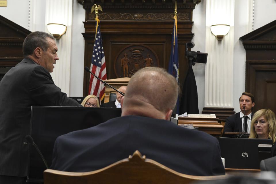 Richard "Richie" McGinniss, chief video director of The Daily Caller, who filmed the fatal shooting of Joseph Rosenbaum by Kyle Rittenhouse, describes the shooting under cross examination by defense attorney Mark Richards during Rittenhouse trial at the Kenosha County Courthouse in Kenosha, Wis., on Thursday, Nov. 4, 2021. Rittenhouse is accused of killing two people and wounding a third during a protest over police brutality in Kenosha, last year. (Mark Hertzberg/Pool Photo via AP)