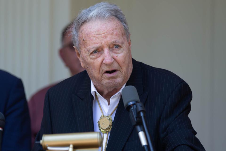 Former Florida State football coach Bobby Bowden speaks before being presented with the Governor's Medal of Freedom from Florida Gov. Ron DeSantis on April 7, 2021.