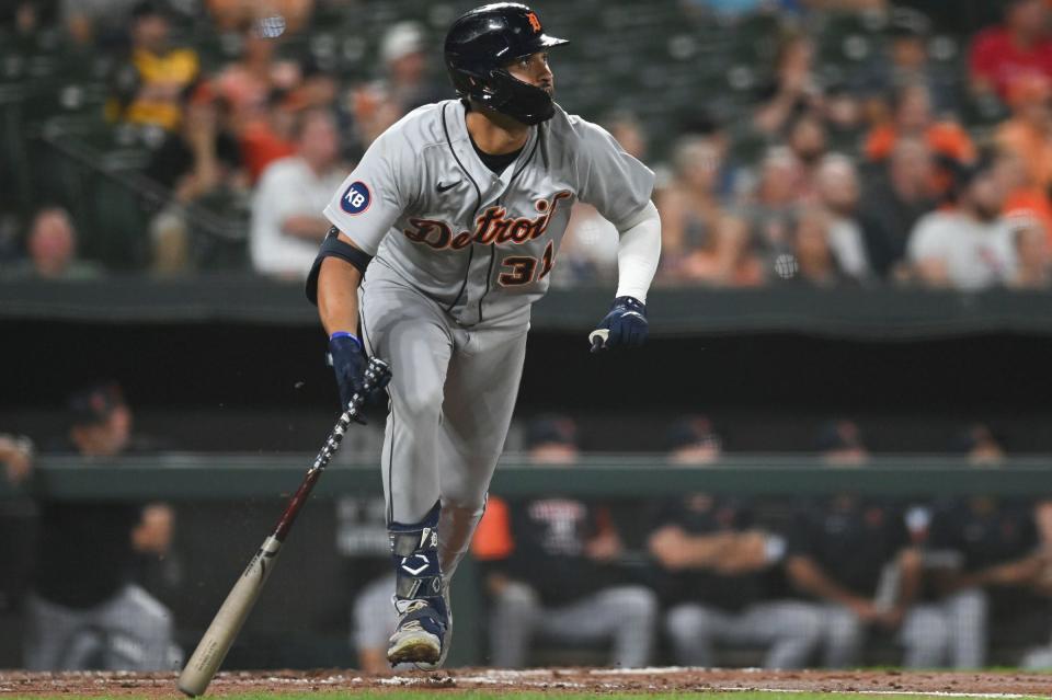 Detroit Tigers center fielder Riley Greene (31) this a rbi single in the fourth inning against the Baltimore Orioles  at Oriole Park at Camden Yards.