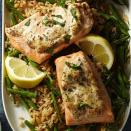 <p>In this quick dinner recipe, the delicious garlicky-mustardy mayo that tops baked salmon is very versatile. Make extra to use as a dip for fries or to jazz up tuna salad. Precooked brown rice helps get this healthy dinner on the table fast, but if you have other leftover whole grains, such as quinoa or farro, they work well here too. <a href="https://www.eatingwell.com/recipe/255150/dijon-salmon-with-green-bean-pilaf/" rel="nofollow noopener" target="_blank" data-ylk="slk:View Recipe" class="link ">View Recipe</a></p>