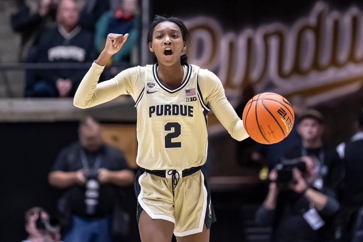 Purdue Boilermakers guard Rashunda Jones (2) calls the offense during the NCAA women’s basketball game against the Wisconsin Badgers, Saturday Dec. 30, 2023, at Mackey Arena in West Lafayette, Ind. Purdue won 89-50.