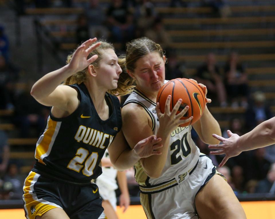 Purdue Boilermakers guard Mary Ashley Stevenson (20) runs into Quincy Hawks guard Mariann Blass (20) during the NCAA women's basketball game against the Quincy Hawks, on Sunday, Oct. 29, 2023, at Mackey Arena in West Lafayette, Ind. Purdue won 106 - 45.