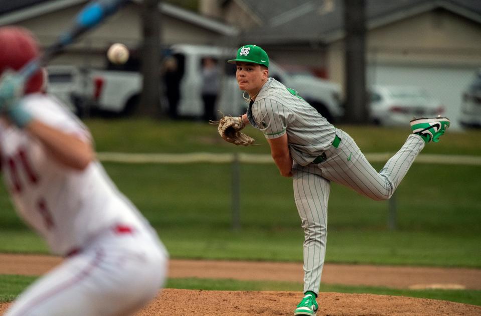 St. Mary's Nico Bavaro delivers a pitch during a varsity baseball game against Lodi at Kofu Park in Lodi on Apr. 3, 2024.